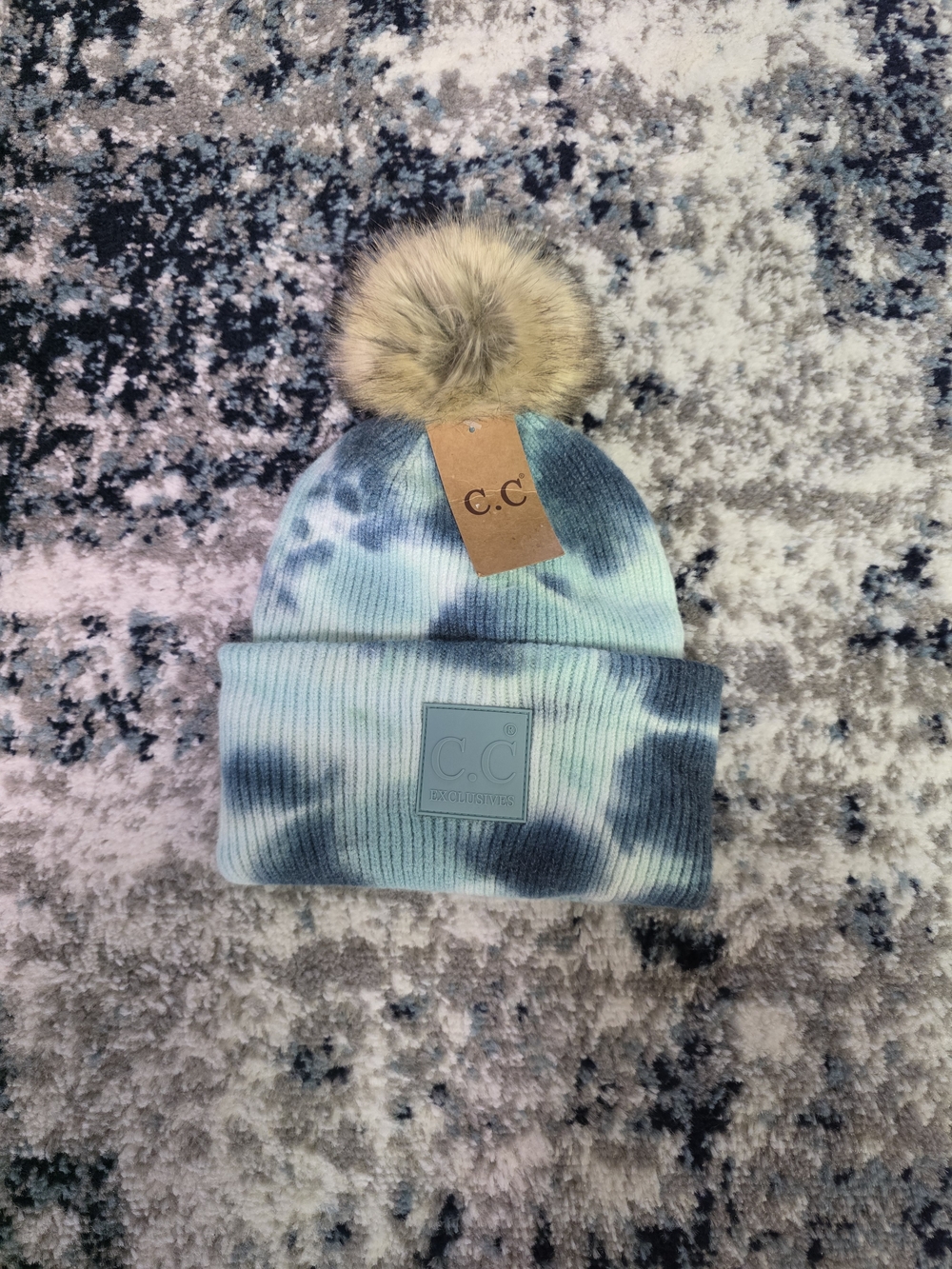 C.C Blue and Teal Tie-Dye Beanie with Faux Fur Pom Pom